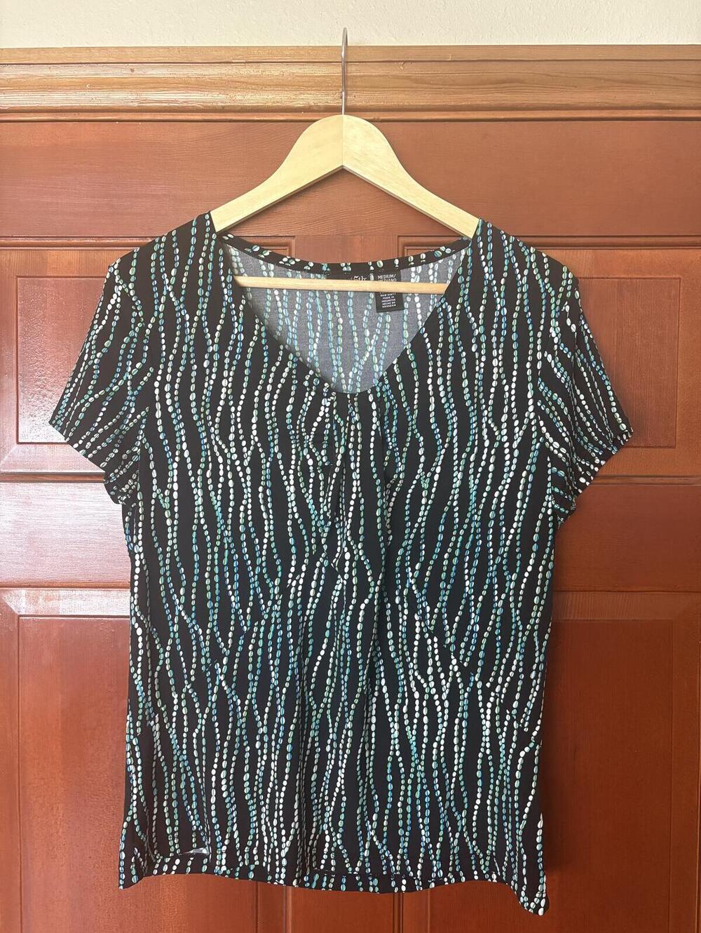 East 5th Womens Black Patterned Short Sleeve Blouse Size M